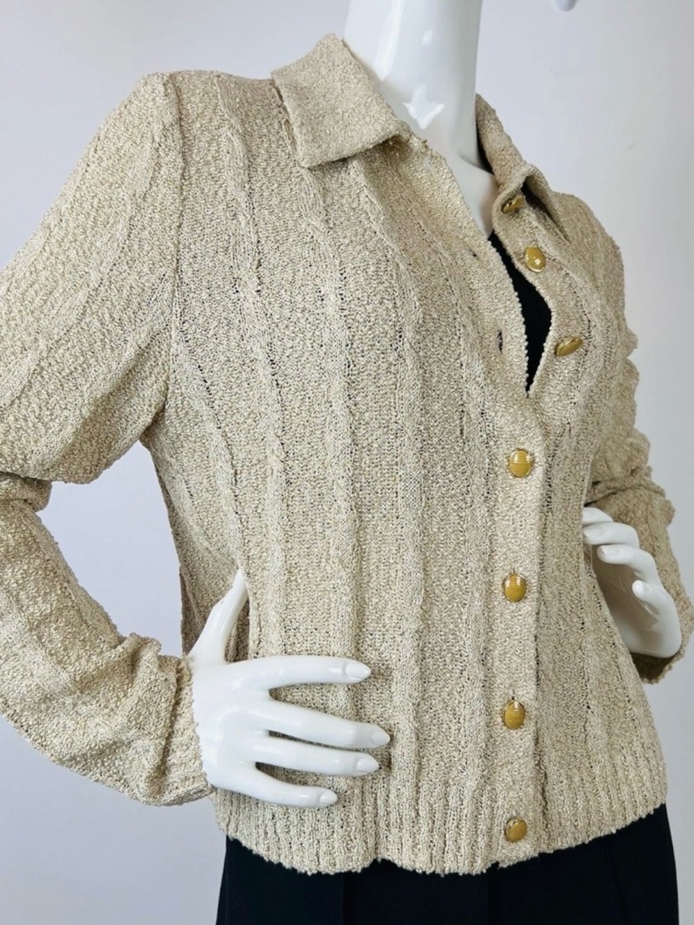 Cream Button-Front Textured Knit Women's Sweater by St. John
